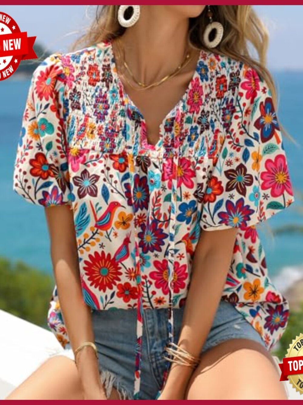 Floral V-Neck Blouse Drawstring Short Sleeve Boho Top Summer Casual - Picture 5 of 7